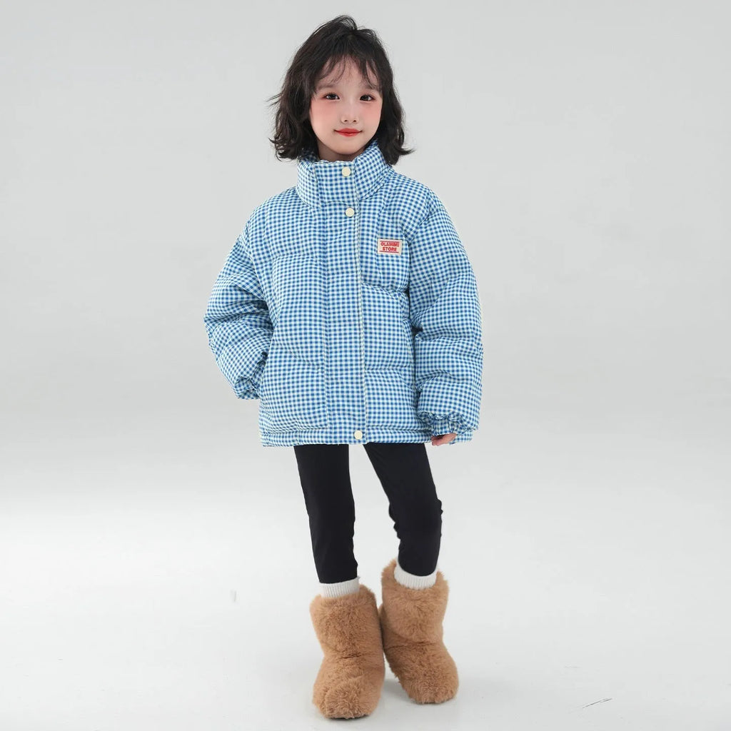 Contrast color blue plaid hooded cotton coat jacket with zipper closure for children, suitable for heights 120cm to 170cm