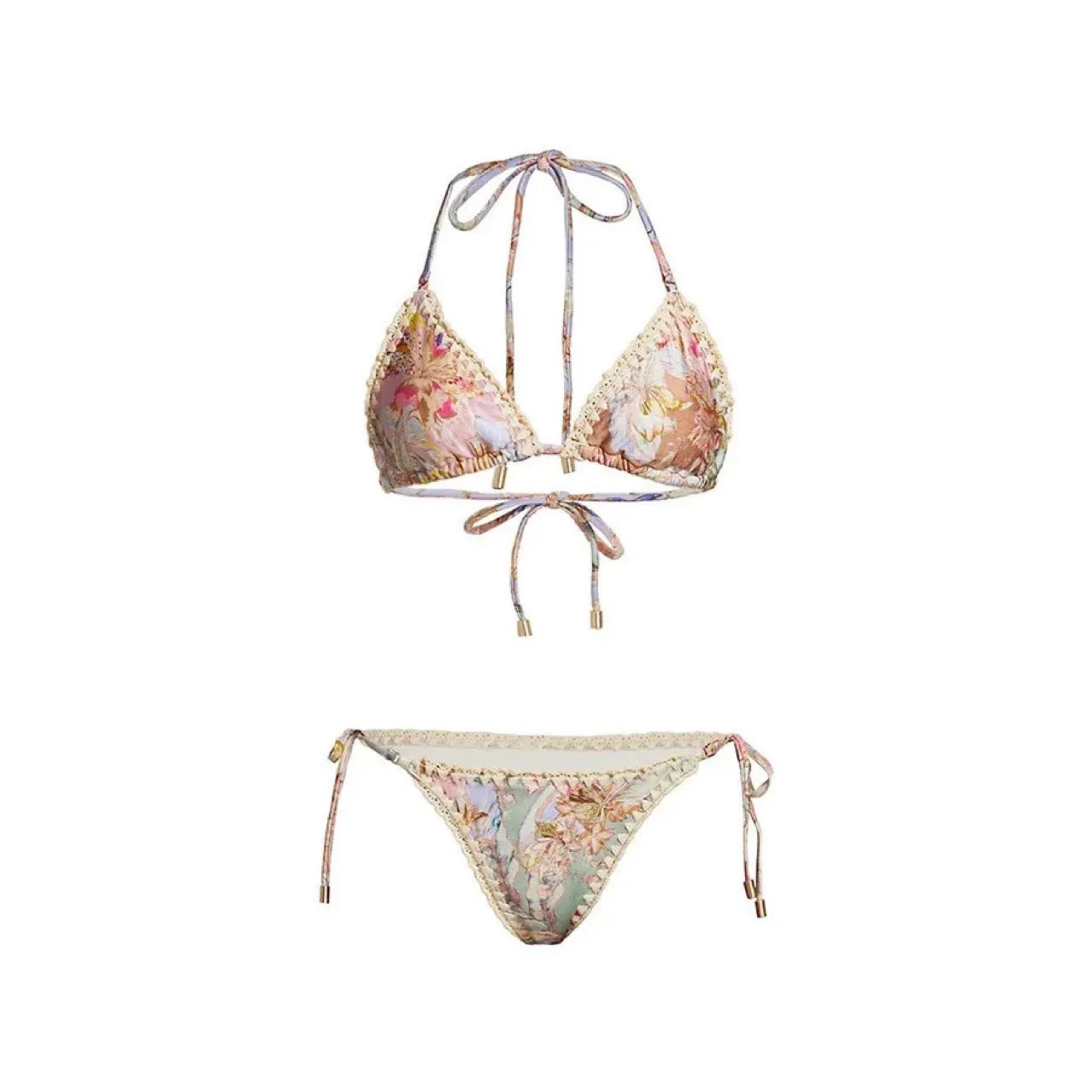 Women's floral print bikini set with top, briefs, and removable skirt in creamy-white colour