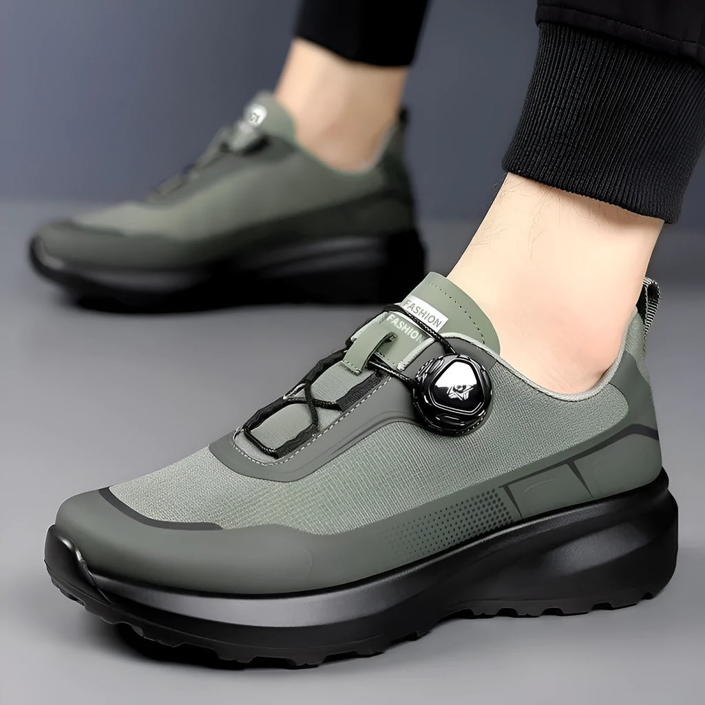 Thick bottom rotating button sneakers in army green with platform heel and front lace-up closure