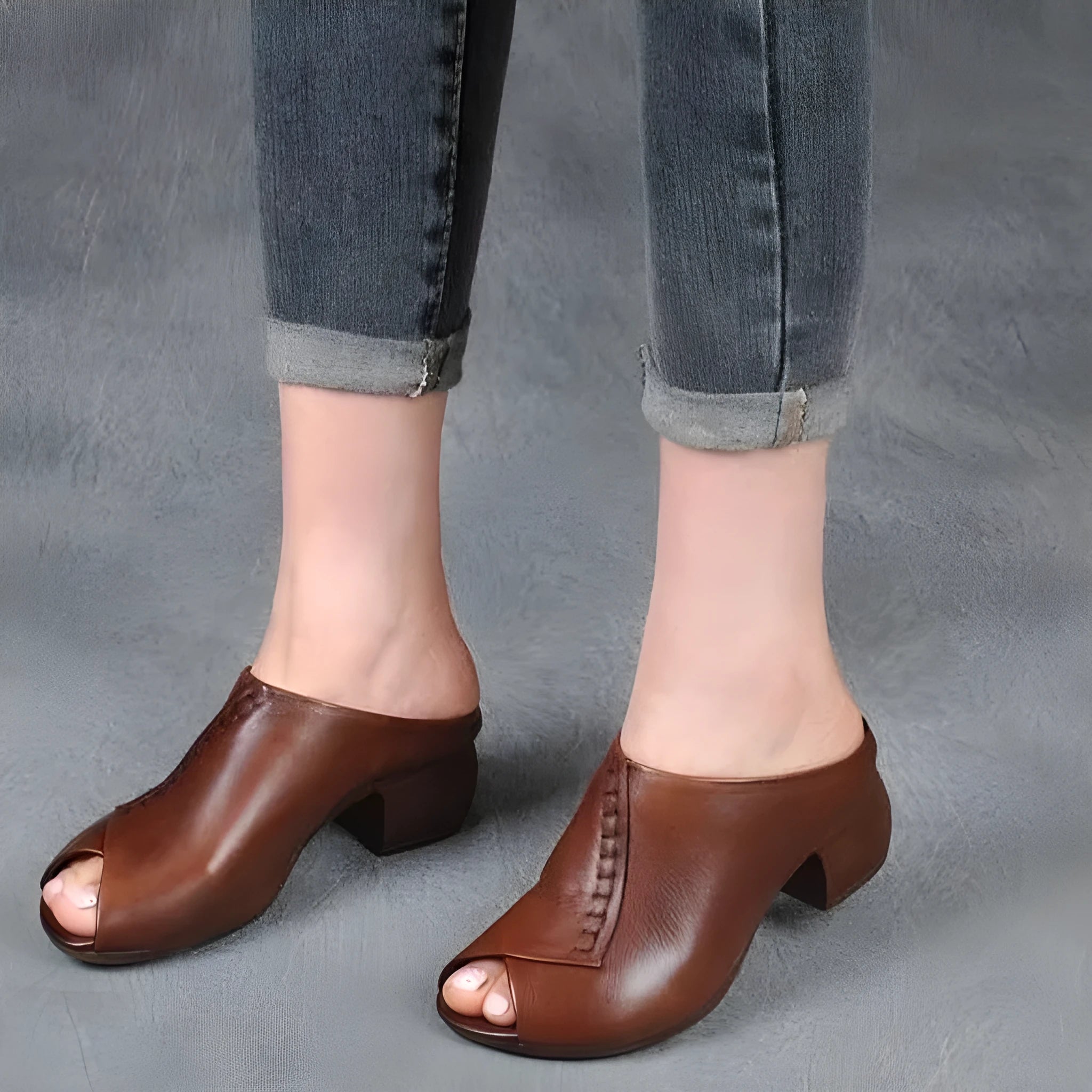 Women's black square heel peep-toe slitters with artificial PU upper and rubber sole