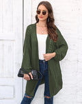 Women's loose acrylic sweater coat cardigan in army green colour, shown on a hanger.