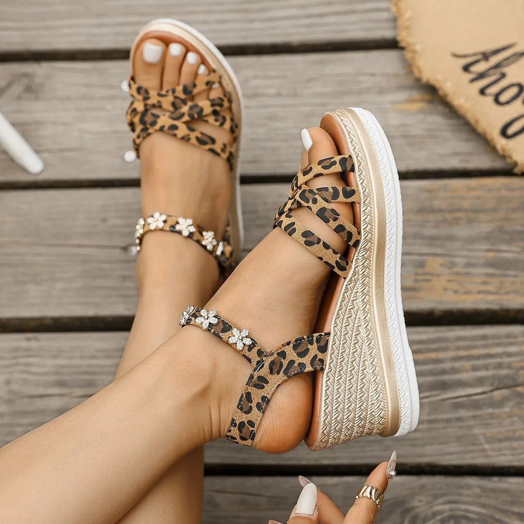 Light brown suede women's ankle strap open toe platform sandals with buckle closure.
