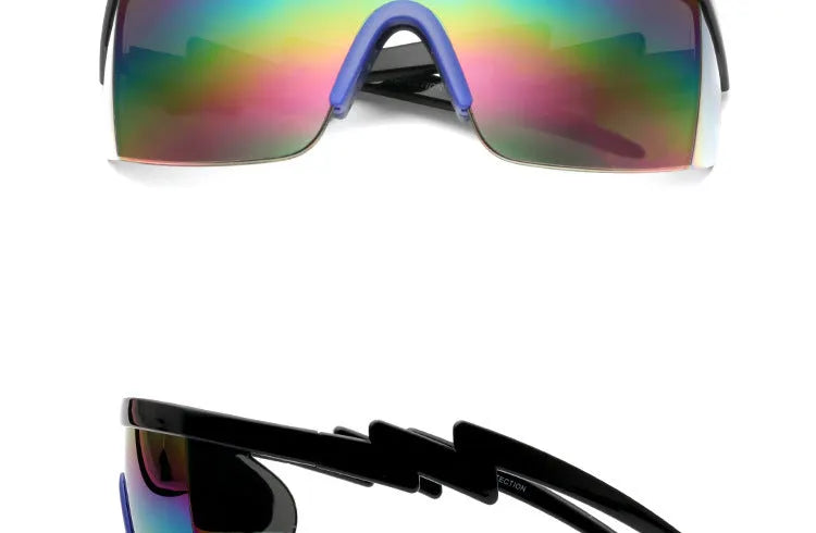 Sports sunglasses with curved foot piece, UV400 protection, and colourful film lenses in white frame