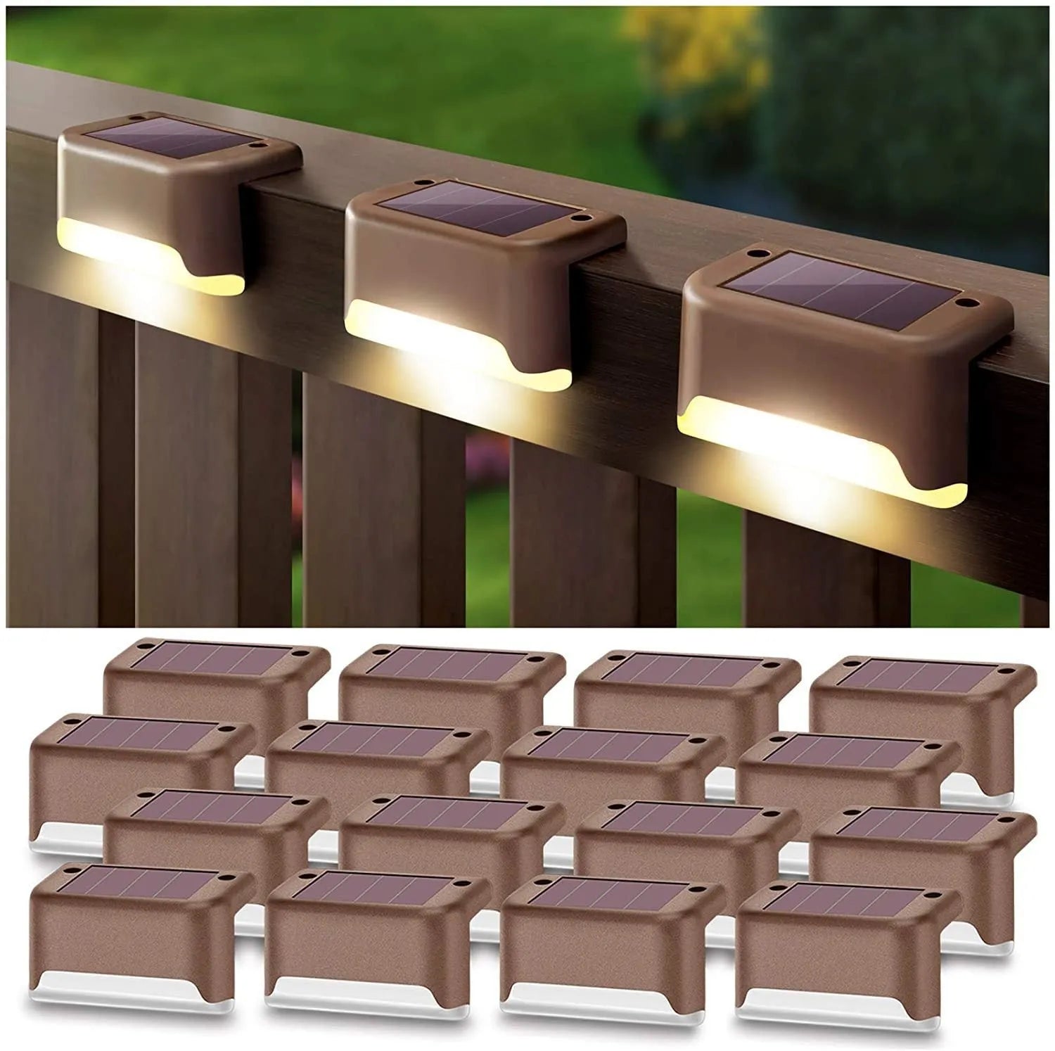 Brown solar step light with warm LED output on outdoor stairs, 4 pack