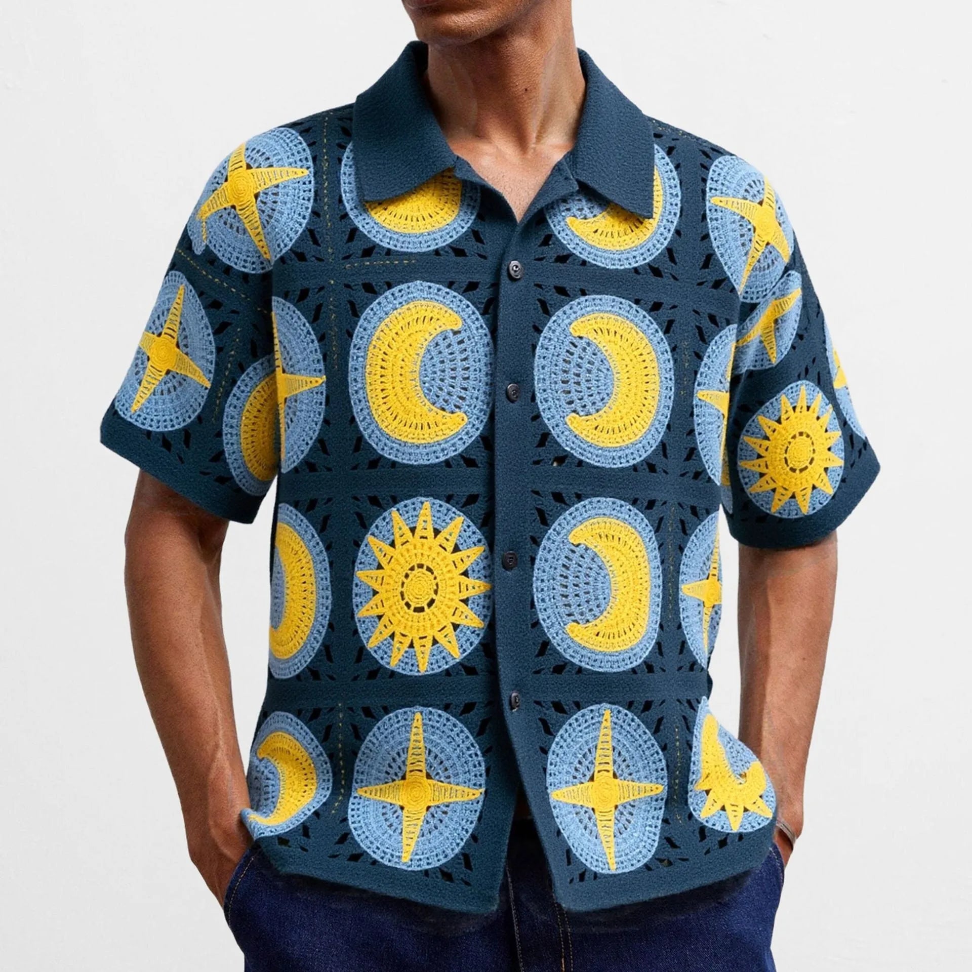 Men's navy blue short-sleeved cardigan with cartoon flocking pattern, thin acrylic summer sweater
