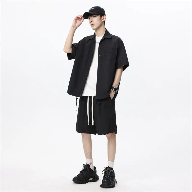 Men's loose-fitting casual shirt and shorts two-piece set in a hemp blend fabric