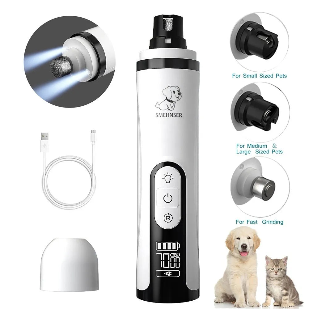 Automatic electric nail trimmer for dogs with LCD display and dust collection port.