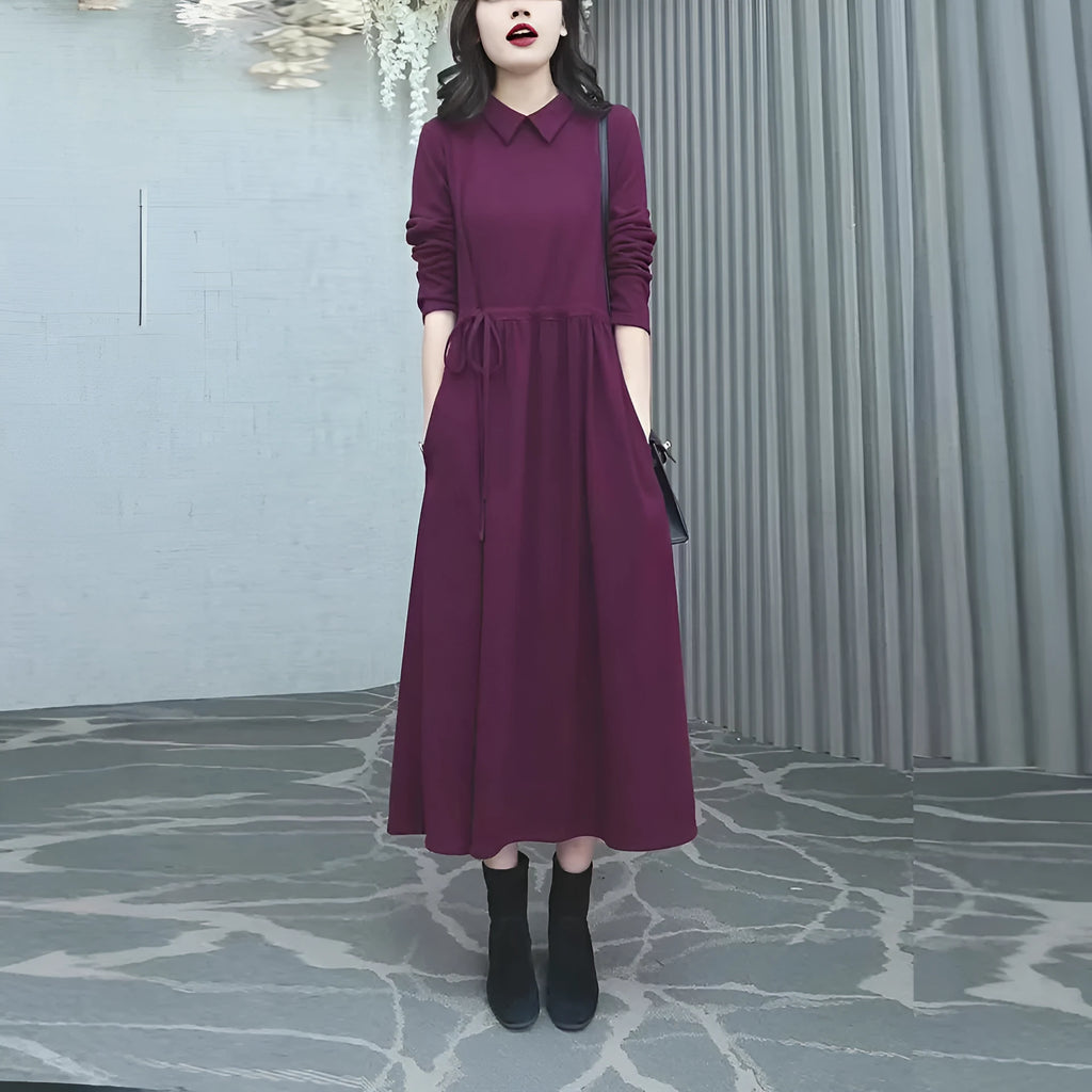 Purplish red plus size dress with extra-long sleeves and long skirt for autumn winter wear