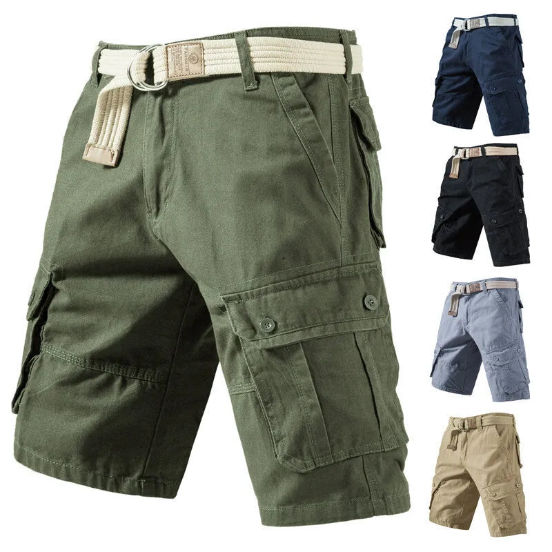 Men's loose fit cargo shorts in army green with multiple pockets on the legs.