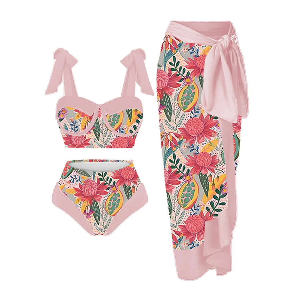 Women's printing split swimsuit three-piece set in a floral pattern, showing skirt, bra, and panties.
