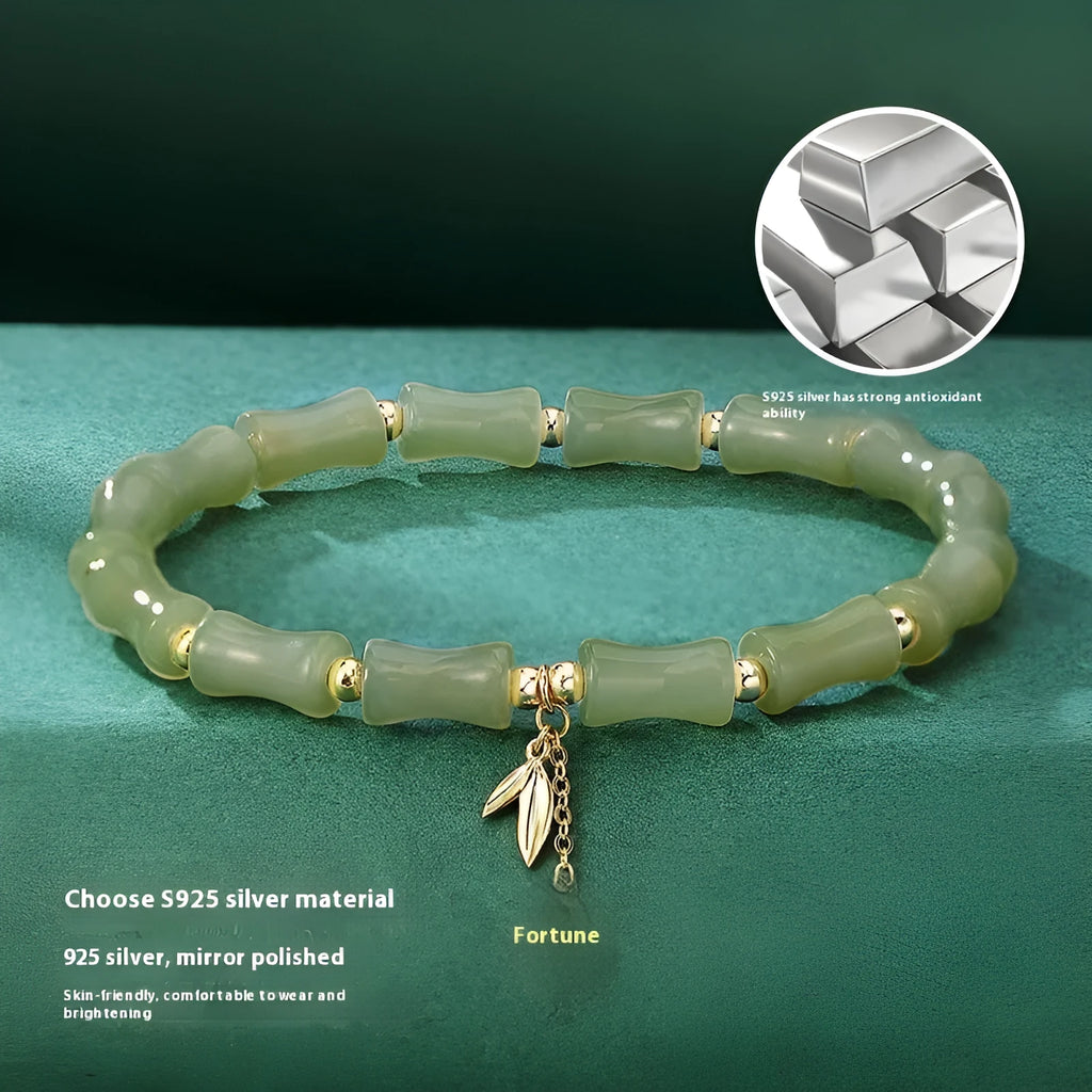 Green Chinese style bamboo motif bracelet and necklace set with jade accents