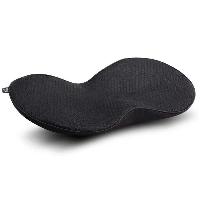 Flat black memory foam car seat cushion on a grey car seat.
