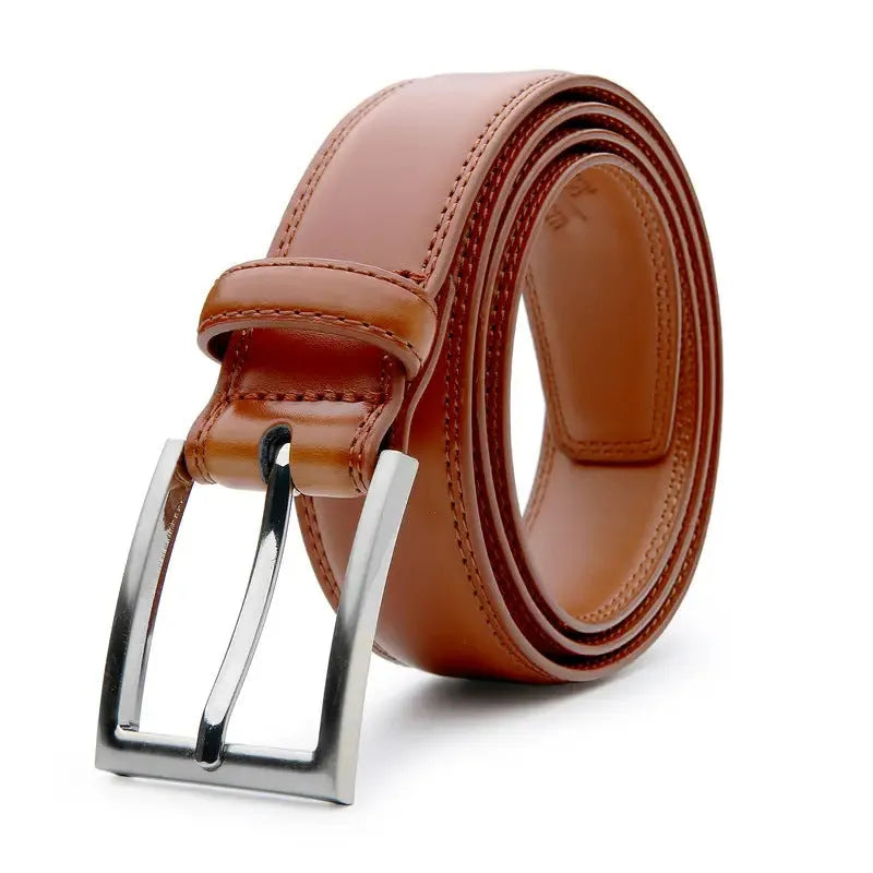 Men's genuine leather casual belt with an alloy buckle, shown in brown grain.