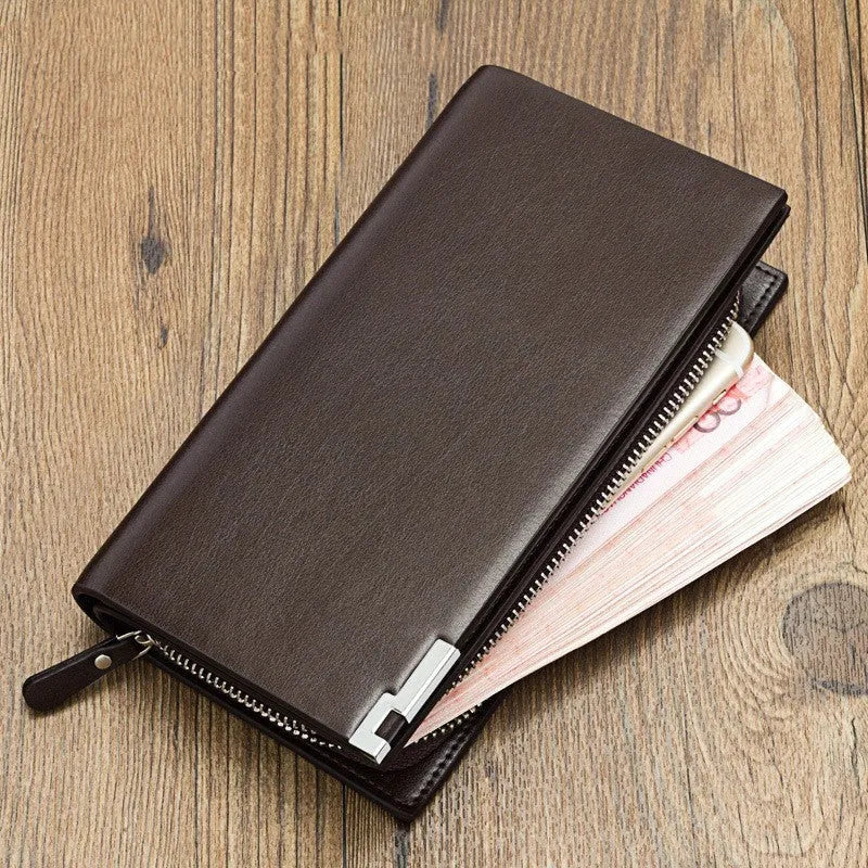 Men's black PU leather wallet with multifunctional zipper design