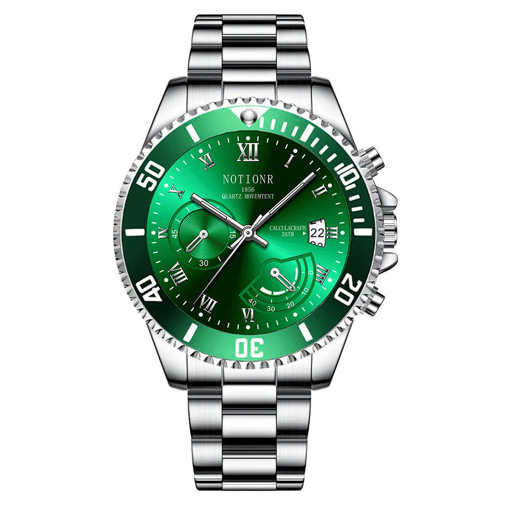 Men's waterproof luminous calendar quartz watch with steel case, black dial, and date window