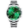 Men's waterproof luminous calendar quartz watch with steel case, black dial, and date window