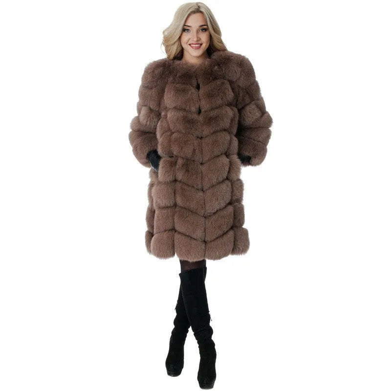 Women's thick artificial fur coat in an 80cm length, shown in a choice of colours.