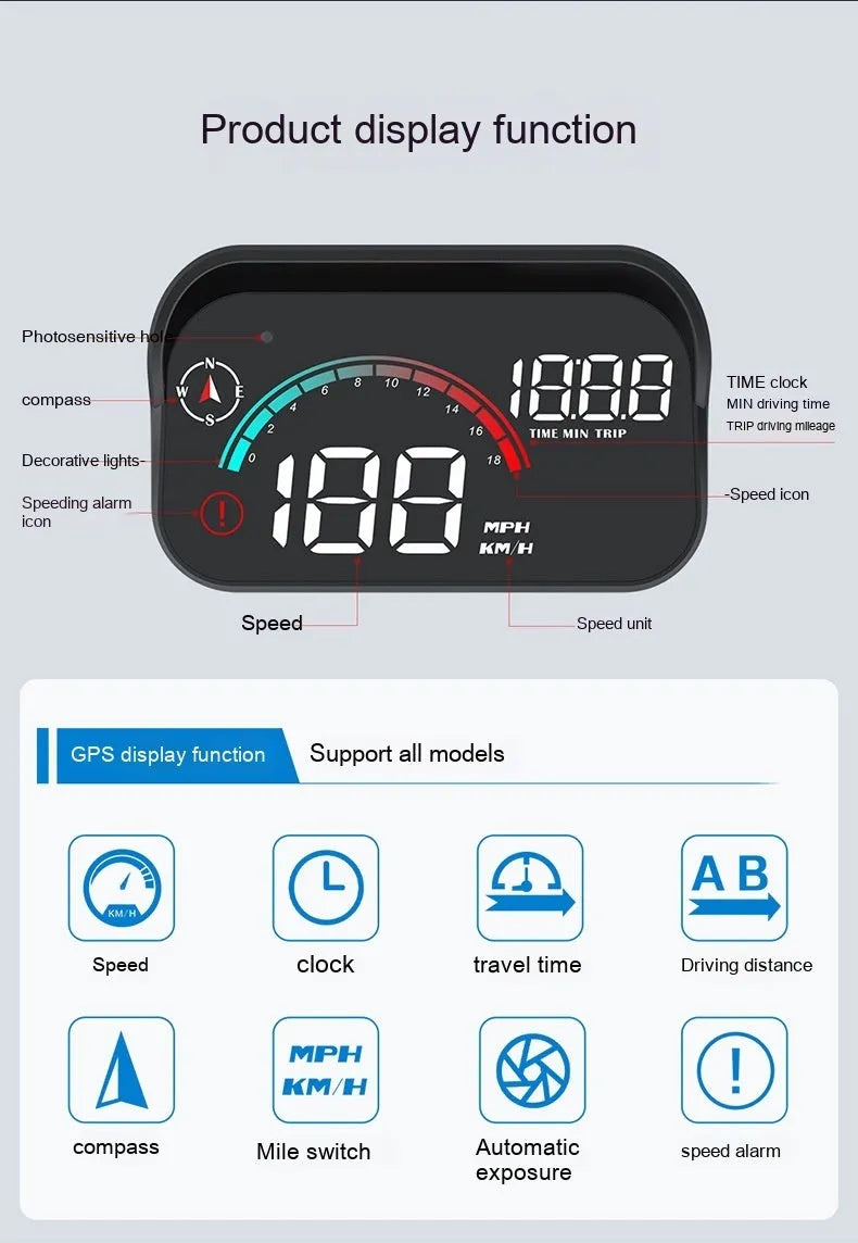 Black universal head-up display car GPS speed compass projector with USB connection