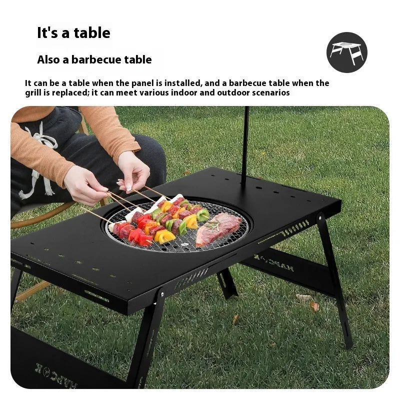 Black folding steel barbecue table with grill, shown in round and square top styles.