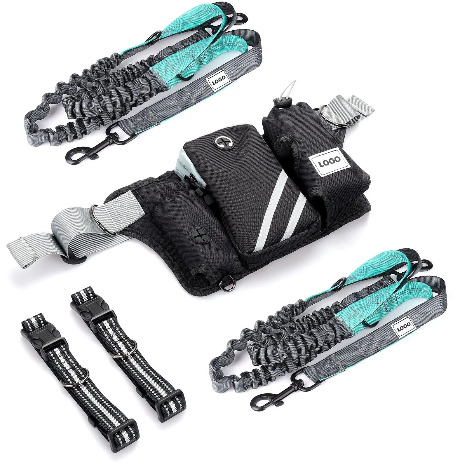 Black nylon waterproof waist bag with integrated dog leash system for outdoor training