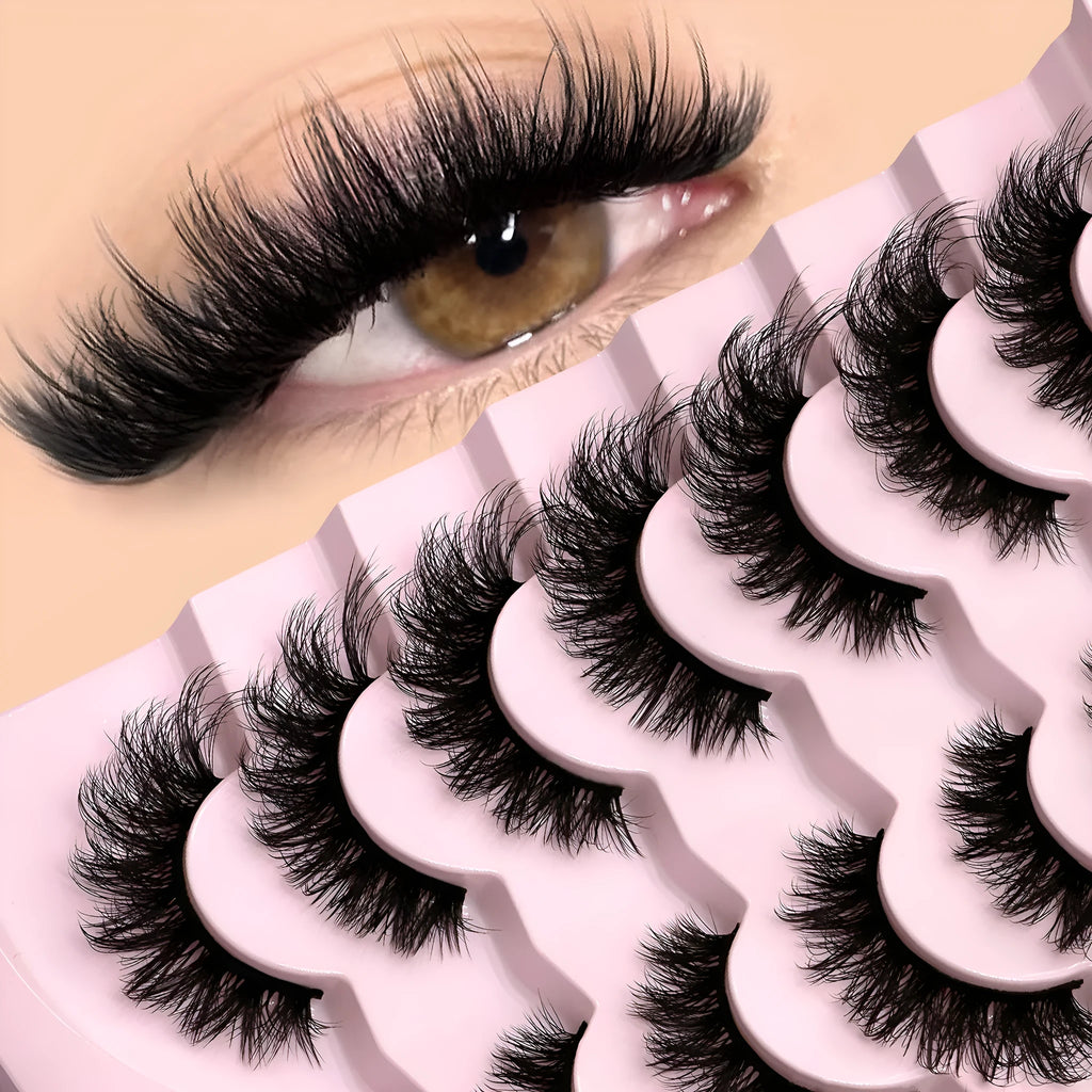 False eyelashes with natural long thick styling in six sizes including adhesive glue