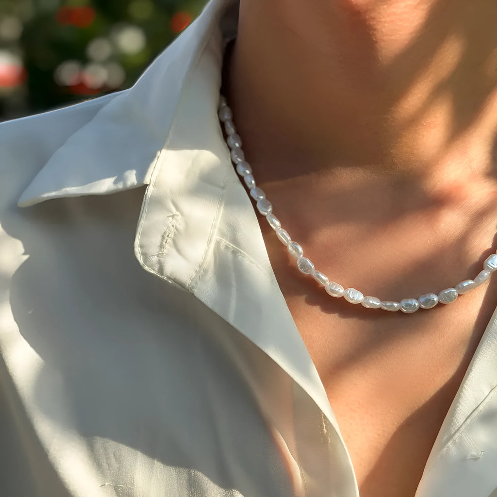 Men's white U-shaped imitation pearl necklace with adjustable 41-50cm clavicle chain