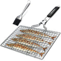 Square folding stainless steel barbecue grill mesh basket with a cleaning brush.