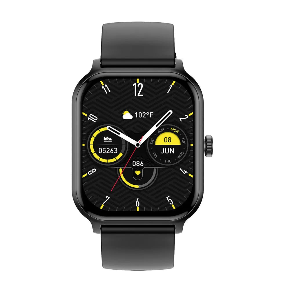 Black Bluetooth calling smartwatch with TFT screen showing heart rate monitoring on a wrist