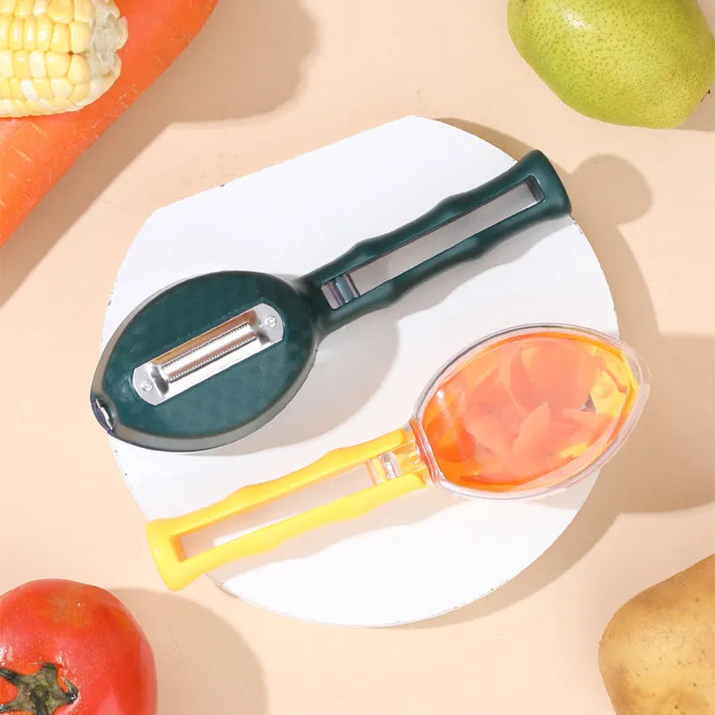 Yellow peeling knife with a blue storage lid on a kitchen counter.