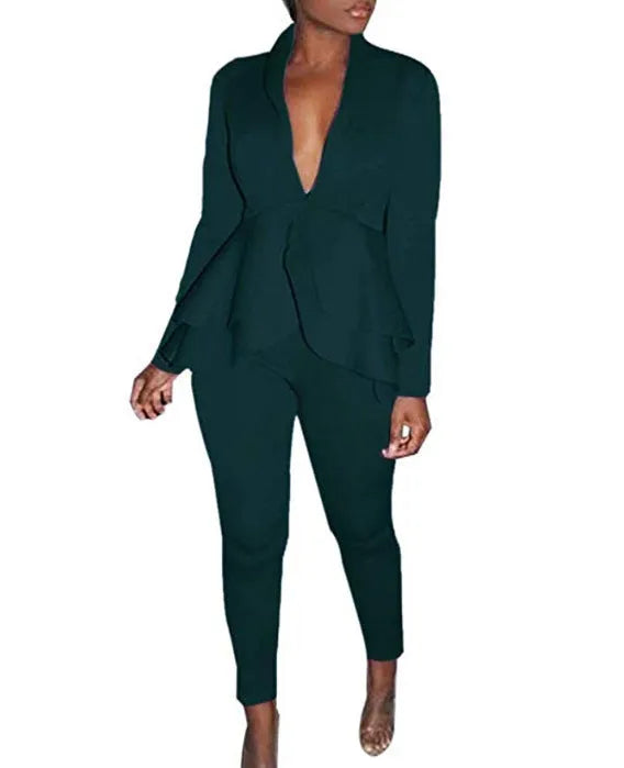 Ruffled business uniform set showing shirt with detailing and matching pencil pants