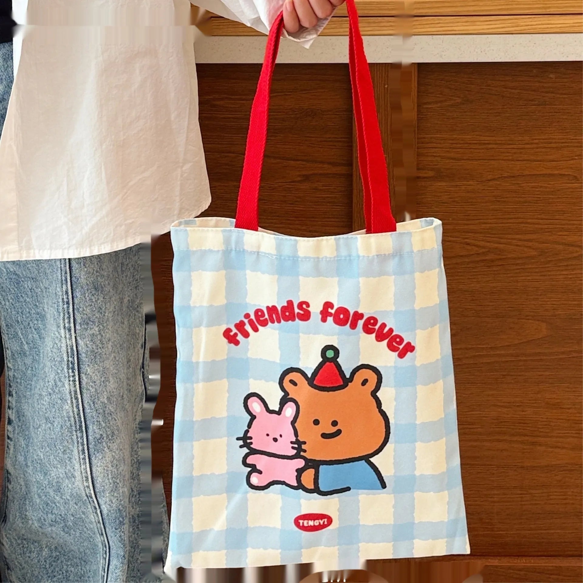 Cartoon kitten print canvas tote bag showing dimensions of 30cm wide by 36cm tall.
