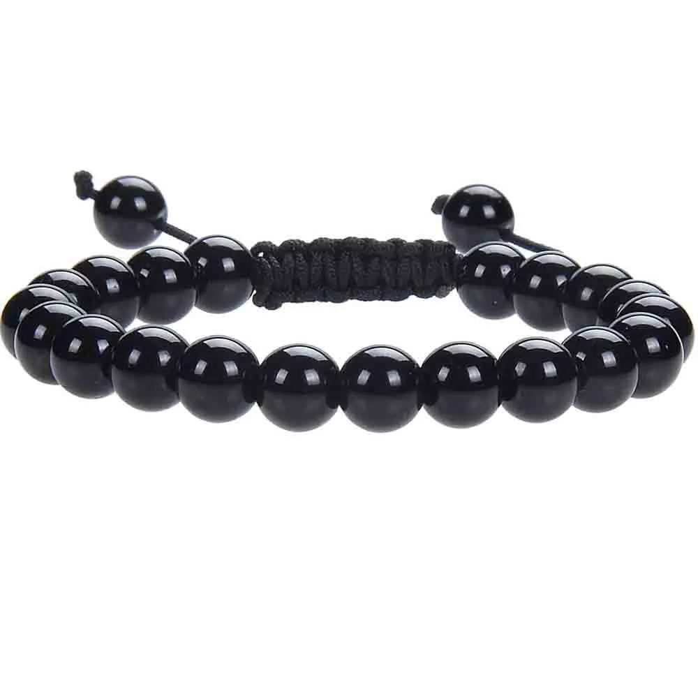 Women's flat knot braided bracelet hand-woven from aquamarine stone with geometric patterns.