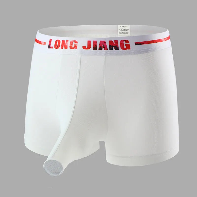 Men's ice silk trunk open boxer shorts on a mid waist, shown in multiple solid colours.