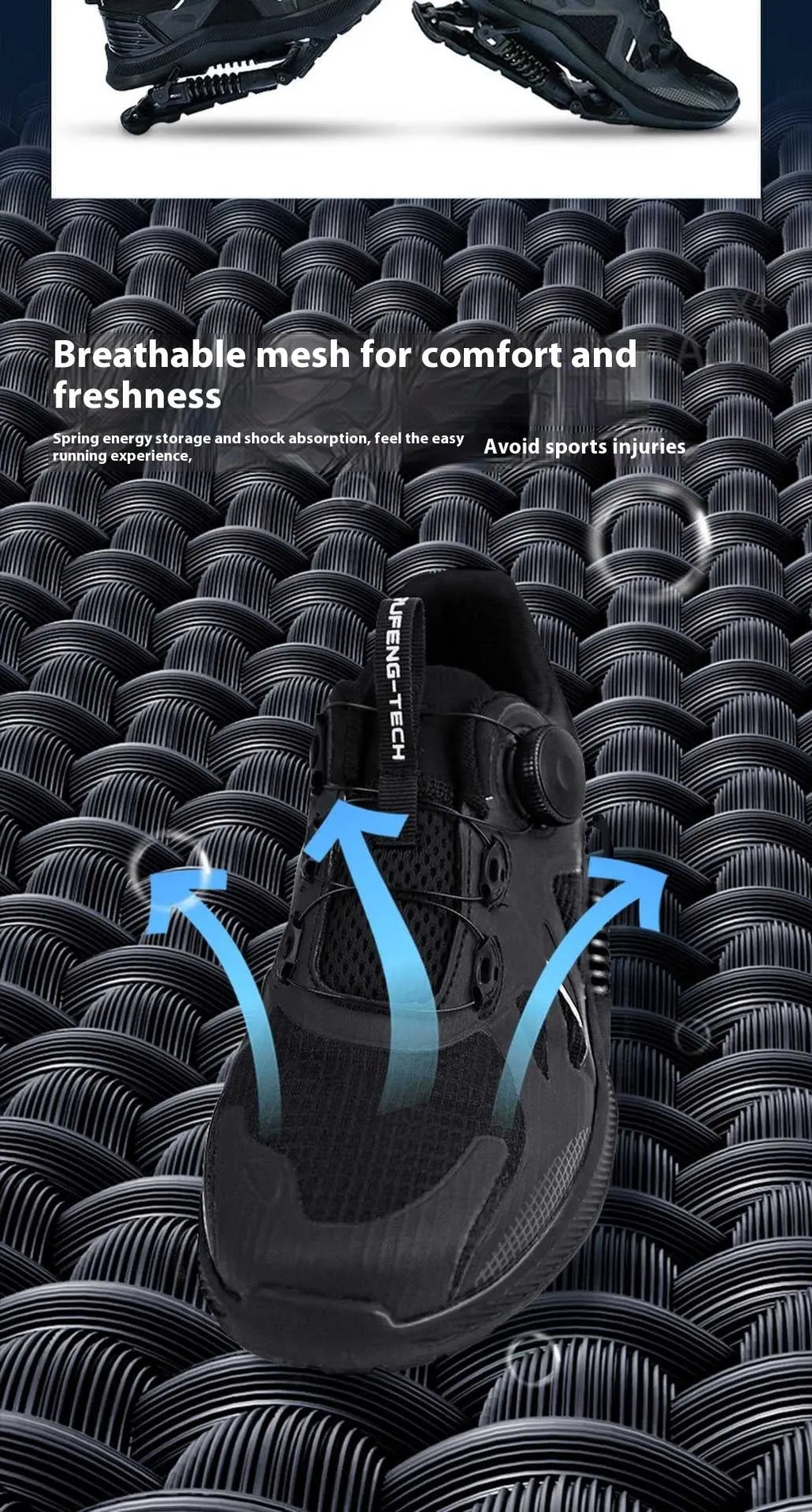 Black mid-top running shoes with mesh upper, leather stitching, and buckle closure on a rubber EVA sole.