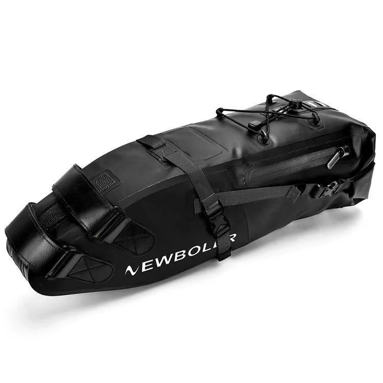 Waterproof PVC bicycle tail bag in yellow, black or green, showing 13L capacity.