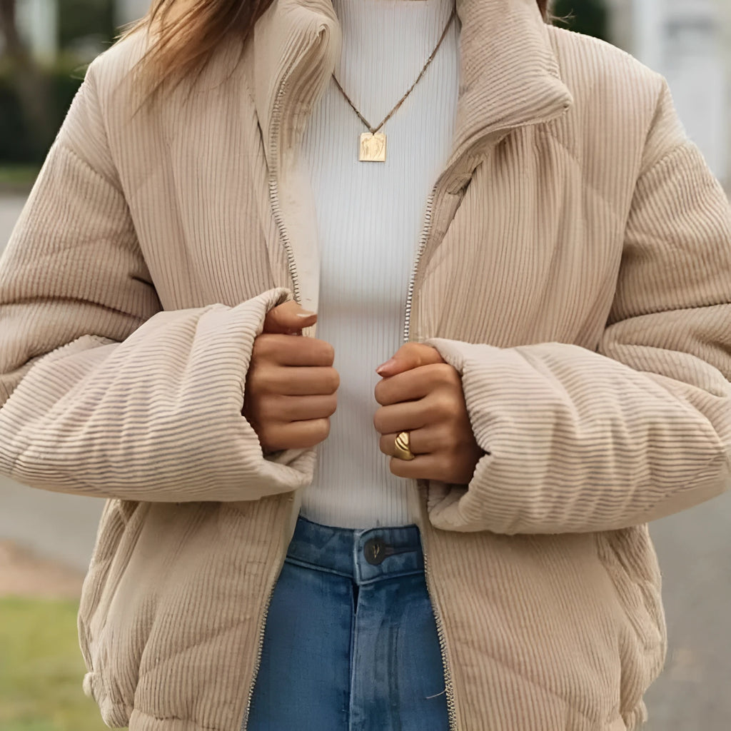 Women's apricot corduroy wadded jacket with stand collar and zip front in street fashion style