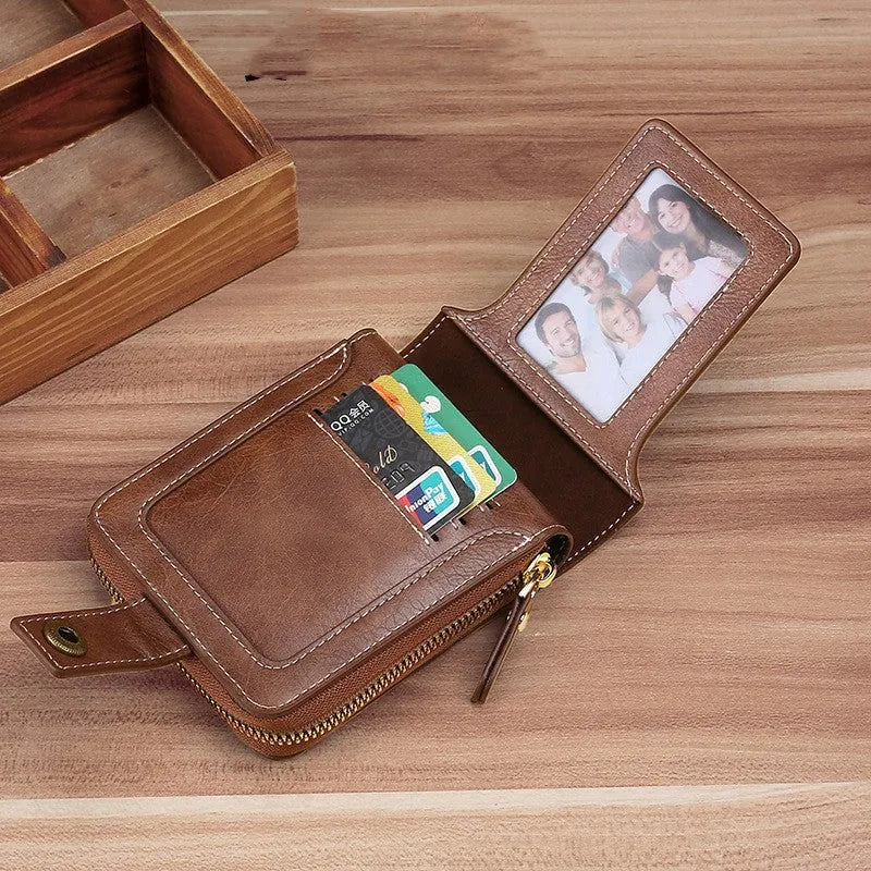 Men's short two-fold PU leather wallet in light brown, black, and dark brown colour options
