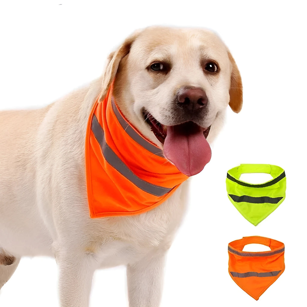 Yellow and orange polyester dog bandana with reflective stripes laid flat, showing adhesive strap closure.
