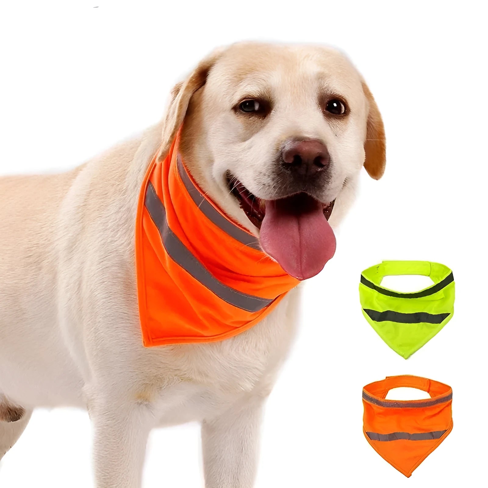 Yellow and orange polyester dog bandana with reflective stripes laid flat, showing adhesive strap closure.