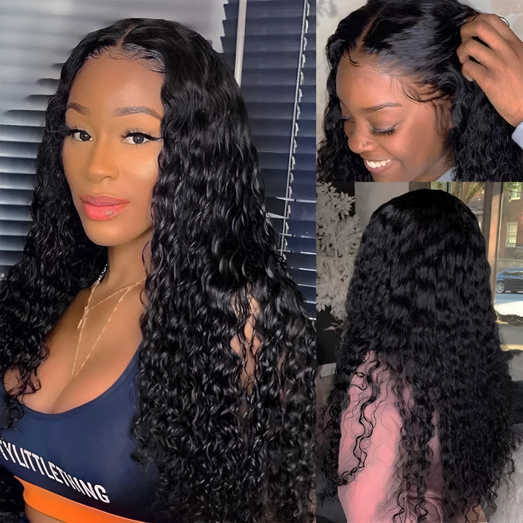 Curly human hair lace front wig on a mannequin head, showing natural hairline and long, voluminous curls.