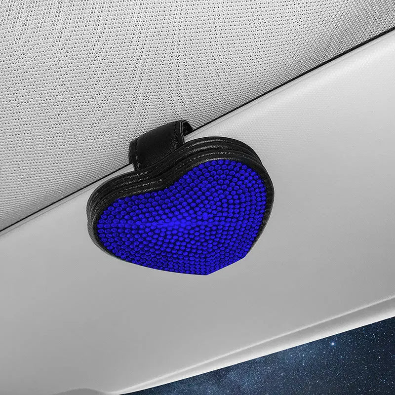 Diamond-encrusted PU leather car sun visor clip with magnetic closure for glasses and ticket storage