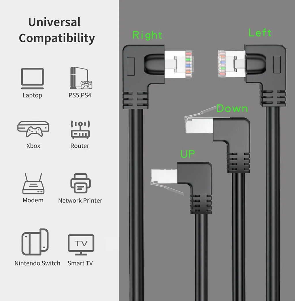 Cat6 right-angle Ethernet network cable with metal RJ45 connectors in various colours.