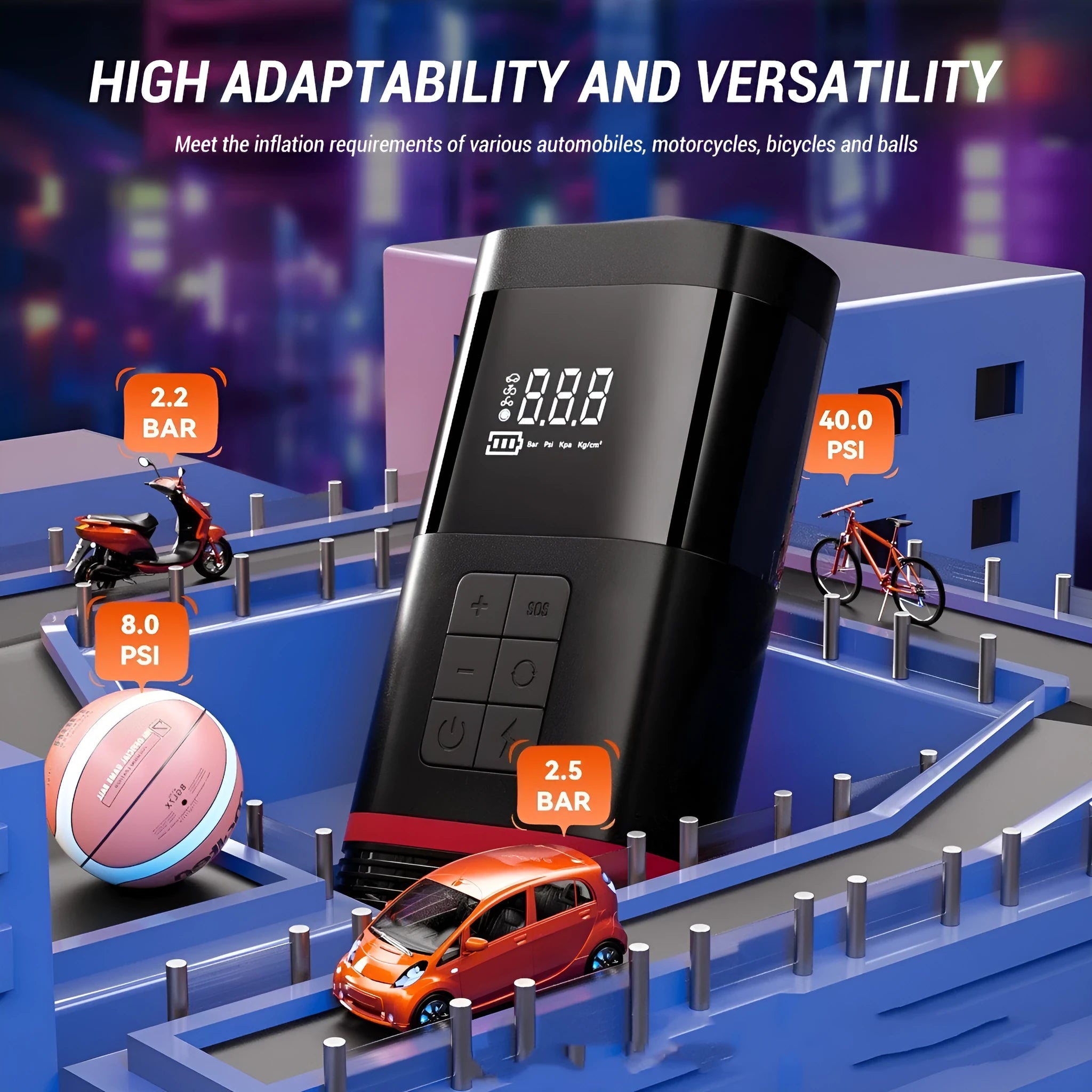 Black rectangular car jump starter power bank with connection cables and LED light