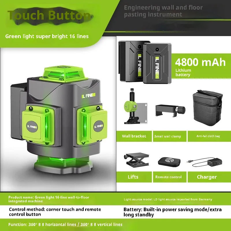 Green 16-line 3D laser level with 360-degree emission on nylon and aluminium housing