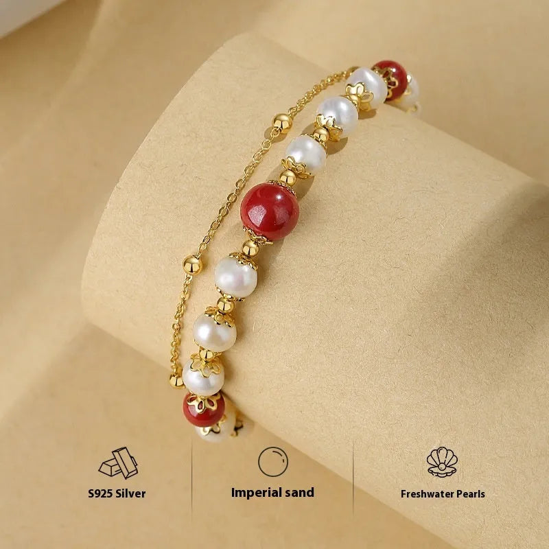 Sterling silver double-layer bracelet with cinnabar red bean freshwater pearls in geometric design