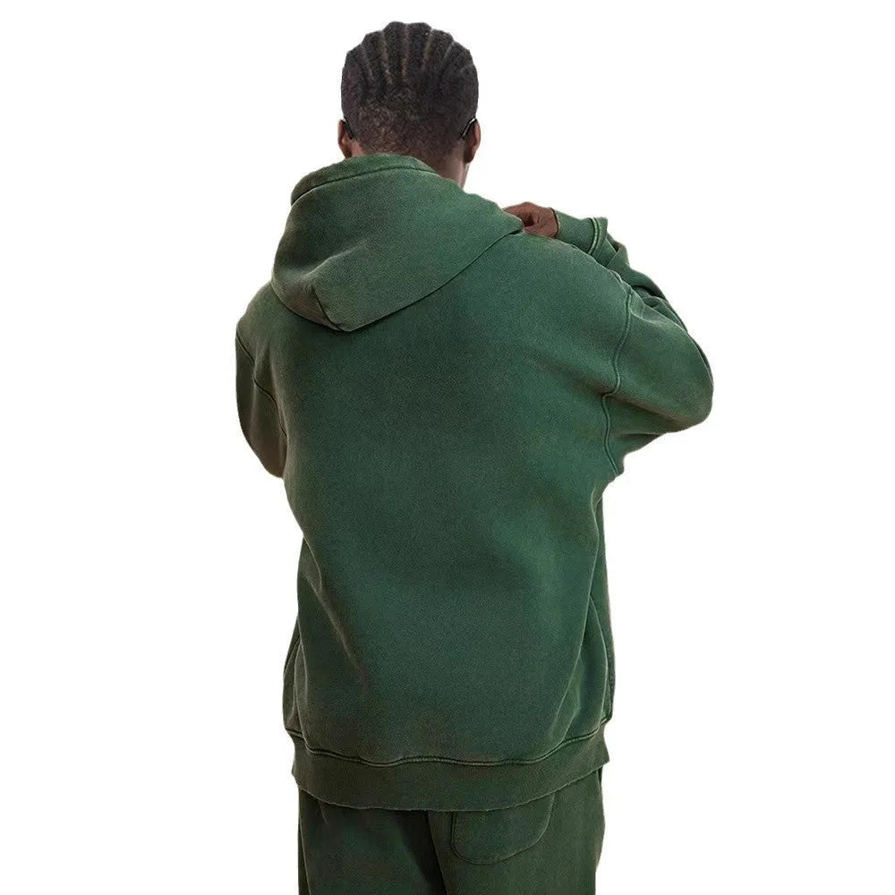Men's vintage washed-colour hooded cardigan sweater with a double zipper and fleece lining.