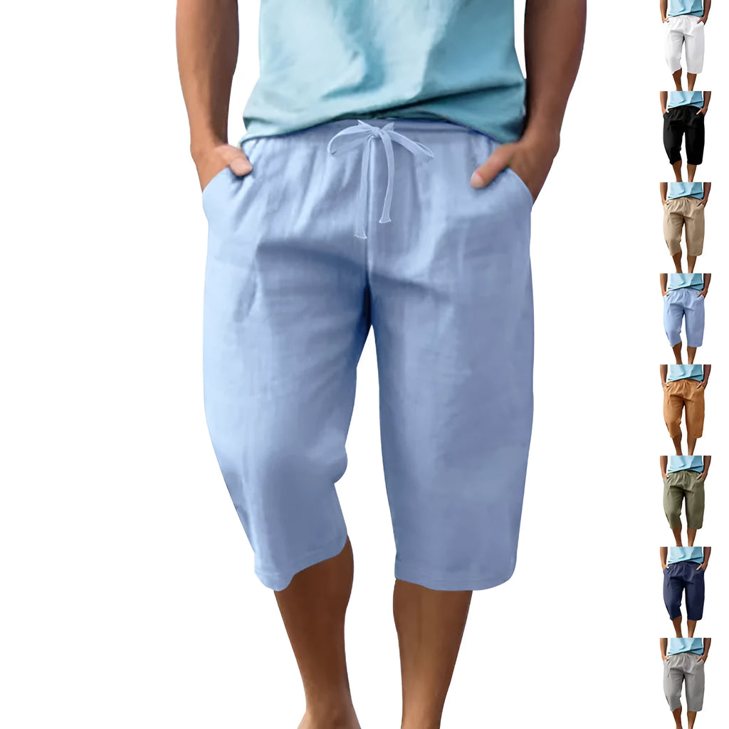 Men's loose fit linen shorts in light blue colour with a high waist and drawstring.