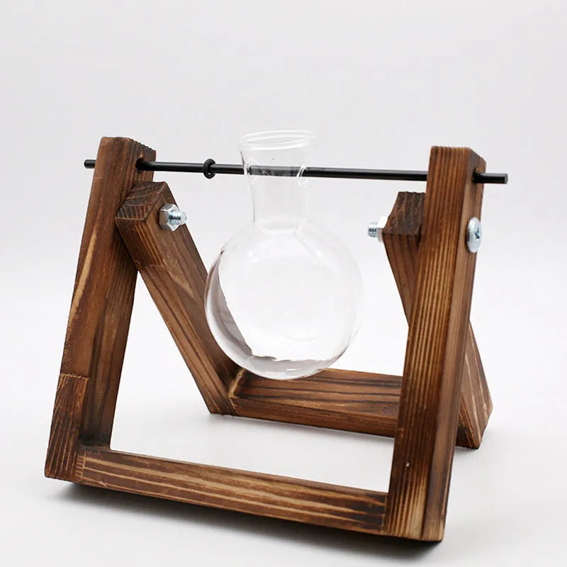 Wooden swing stand hydroponic container with borosilicate glass vase displaying plants