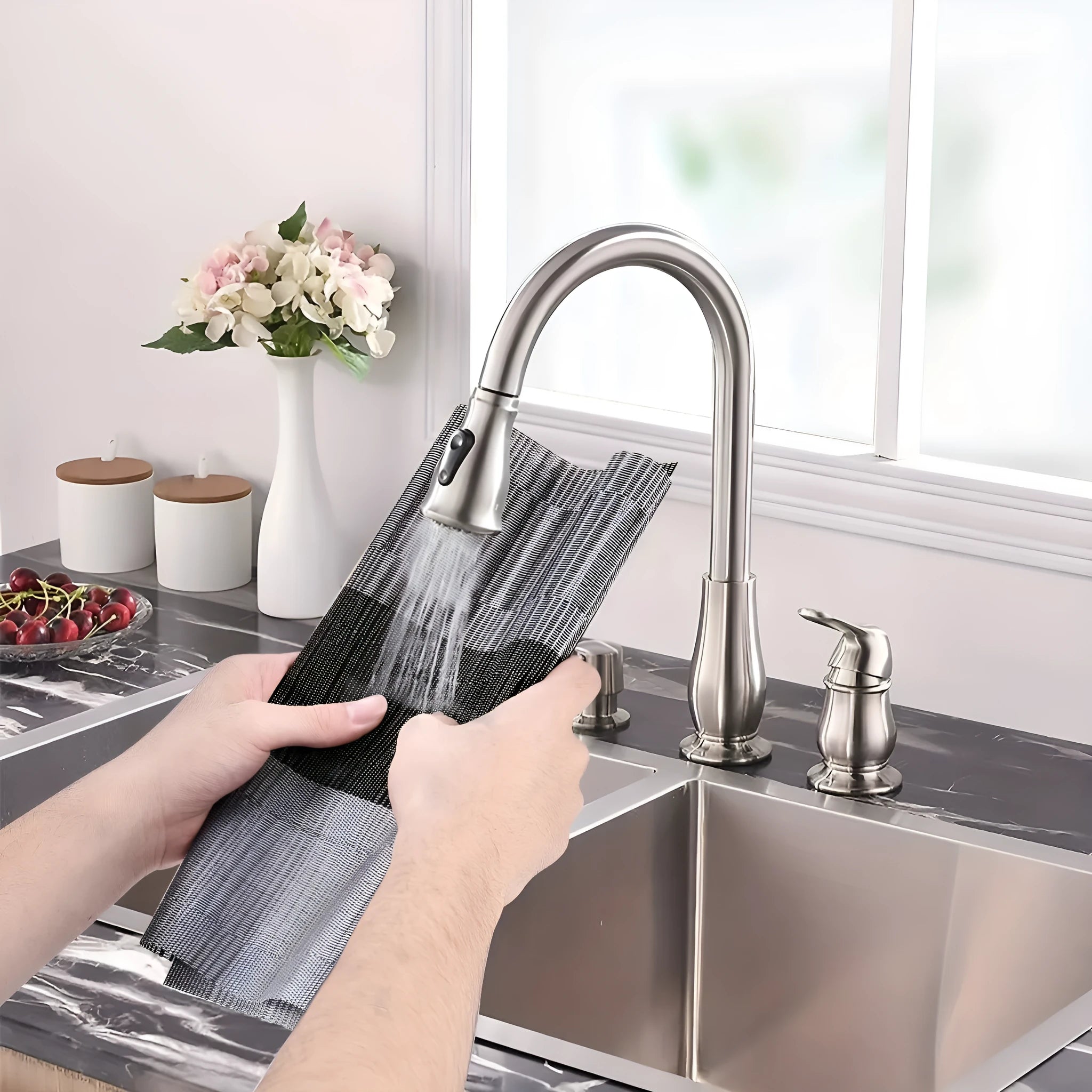 PVC non-slip dish mat in gradient bamboo black colour on a kitchen countertop.