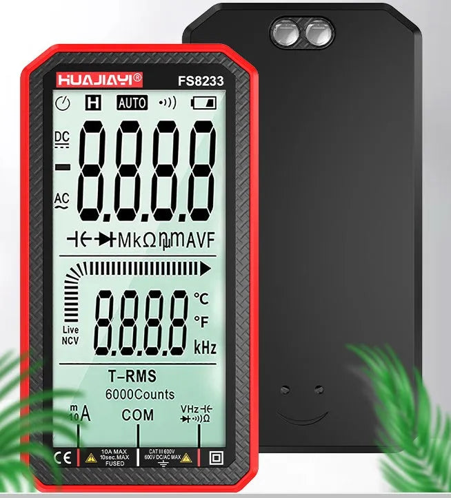 Black and red handheld digital multimeter with large screen display for electrical testing